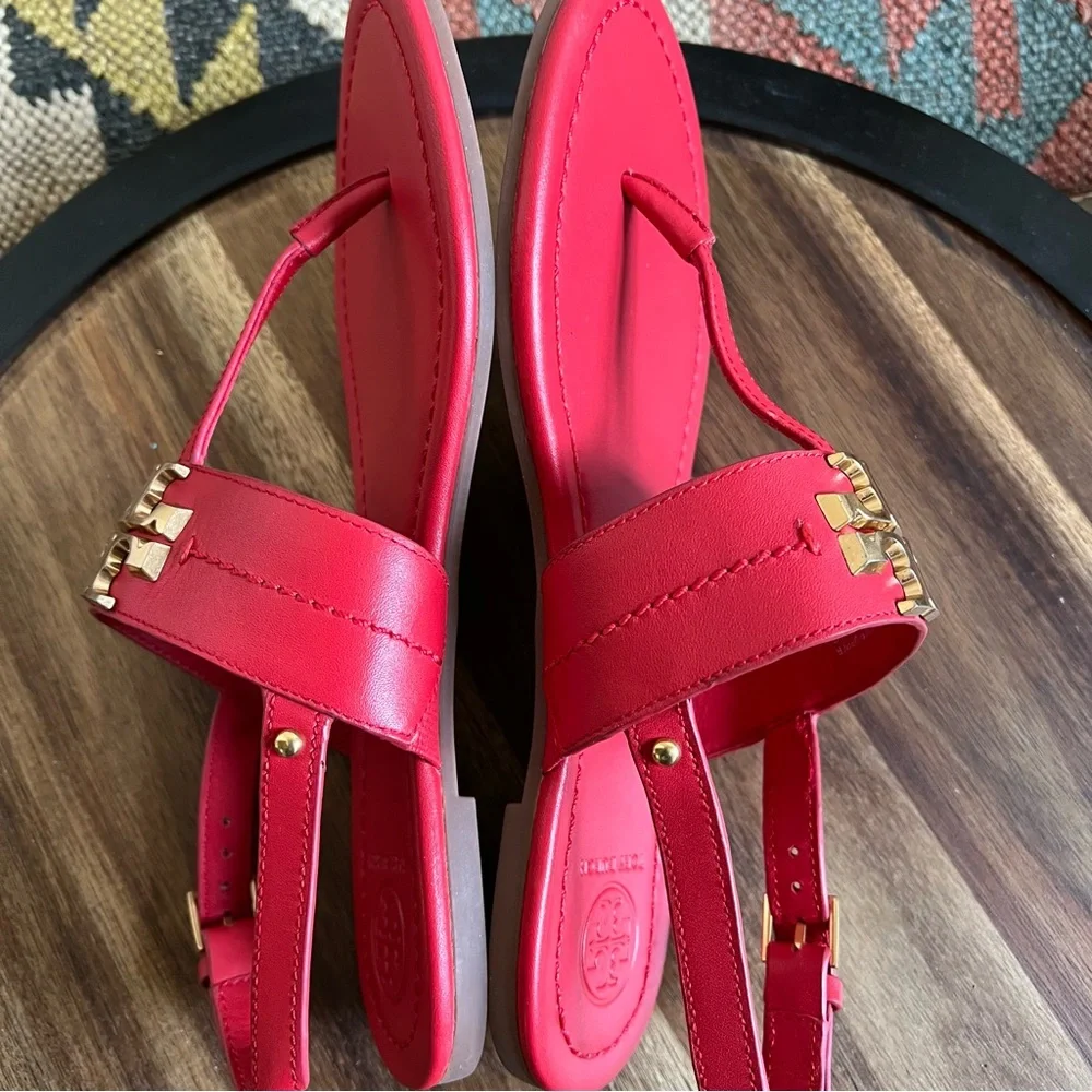 Tory Burch Eleanor T-Strap Sandals Red Leather US7